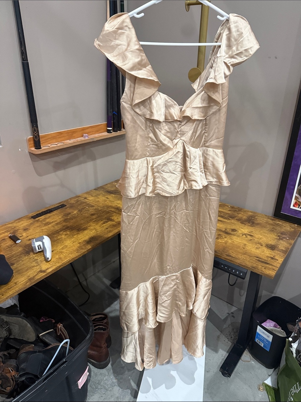 Show Me Your MuMu Beige Satin Ruffle Maxi Dress